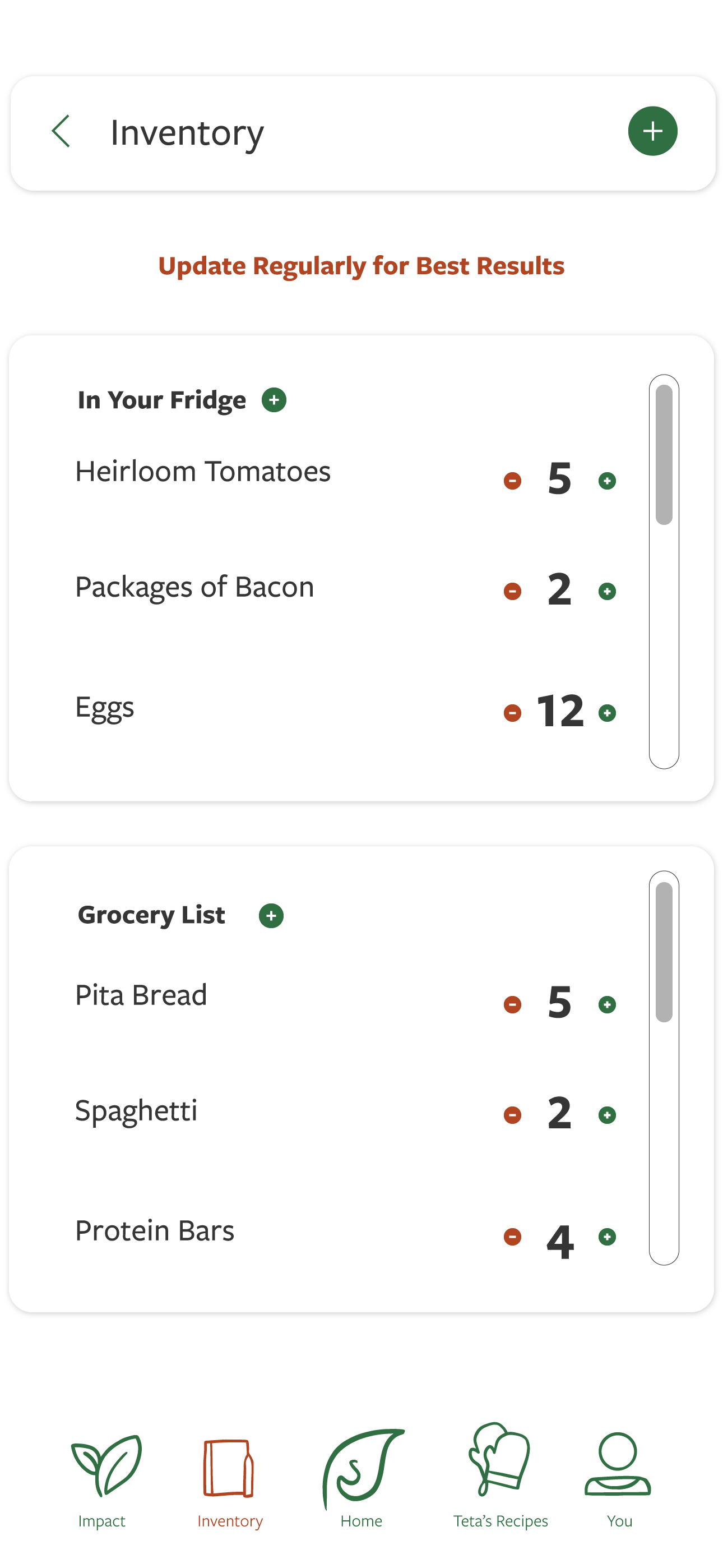 Inventory screen — categorized fridge contents